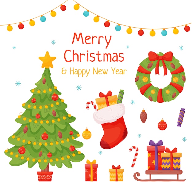 Set di elementi natalizi. fiocchi di neve, albero, regali, dolci, iscrizione, calza di natale e altri elementi su sfondo bianco.