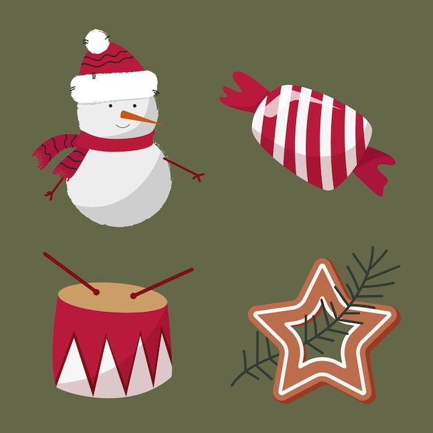 Set of christmas elements snowman in hat and scarf star shaped cookies and spruce branch children drum toy and striped candy