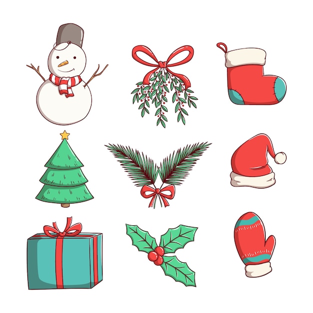 Set of christmas elements with doodle or hand drawn style