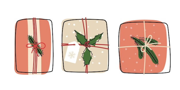 자연 장식, 가문비나무 나뭇가지가 있는 공예 종이에 크리스마스 선물 상자 세트. 제로 웨이스트, 친환경