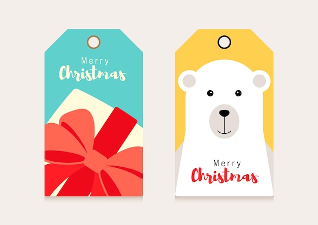 Набор рождественских подарочных тегов декоративных с подарочной коробкой и белым медведем в плоском стиле дизайна, векторные иллюстрации