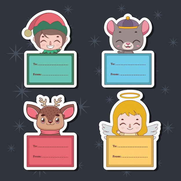 Set of christmas gift tags with various characters