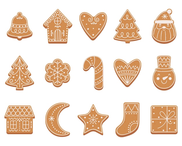 フラットな漫画のスタイルのクリスマス ジンジャーブレッド クッキーのセット