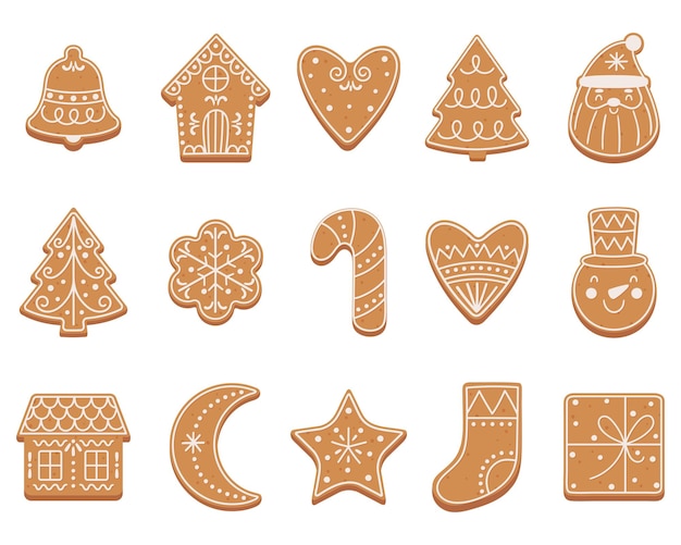 Vector set of christmas gingerbread cookies in flat cartoon style