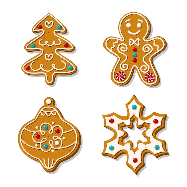 A set of christmas gingerbread cookies.  of homemade baking. snowflake, gingerbread man, christmas tree and toy in sugar glaze isolated on white background. cartoon style..