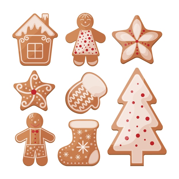 さまざまな形のクリスマスジンジャーブレッドクッキーのセット。お正月のペストリー。クリスマスのシンボルの形でクッキーのコレクション。お祝いのお菓子のベクトル図