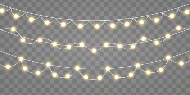 Vector set of christmas glowing gold garland yellow light bulbs sparkles xmas led neon lamp sparks vector