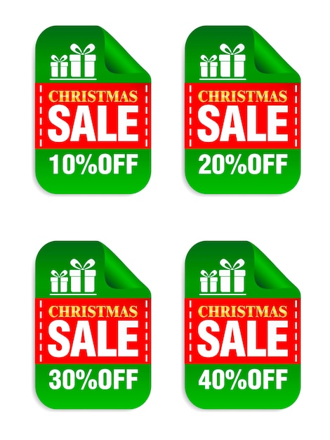 Set of Christmas green sale stickers Christmas sale 10 20 30 40 off Stickers with gift boxes icon