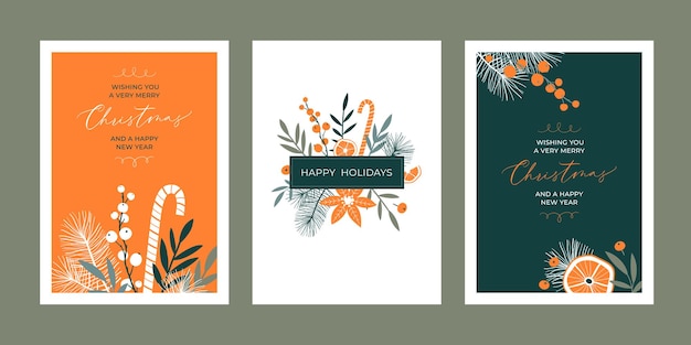 Vector set of christmas greeting card templates with floral elements and handwritten calligraphy