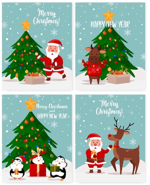 A set of christmas greeting cards. Cartoon illustration