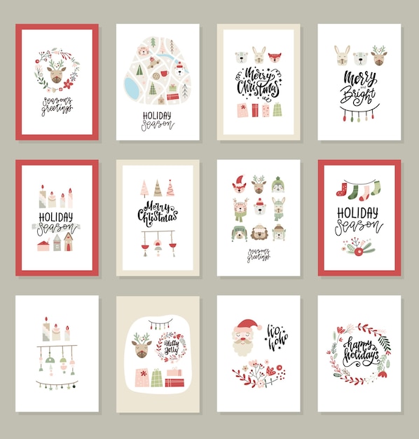 Vector set of christmas greeting cards with lettering quotes and ornaments vector illustration