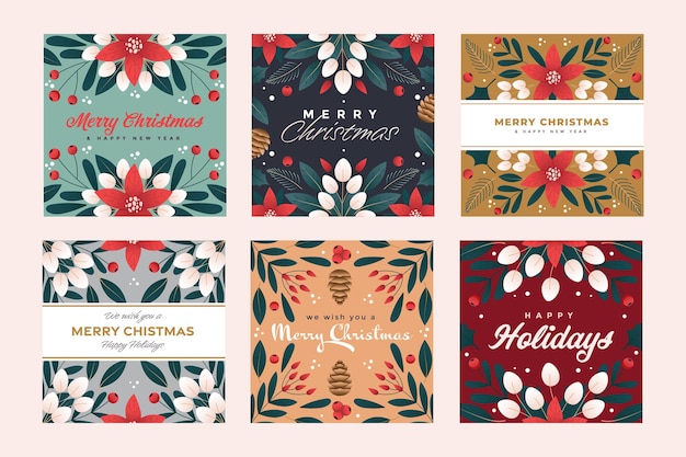 Vector set of christmas and happy new year floral card templates. christmas cards design with ornaments of branches, berries and leaves. vector illustration