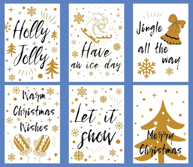 Set christmas and happy new year greeting cards with handwritten brush calligraphy and decorative elements decorative vector illustration for winter invitations cards posters flyers in gold colors