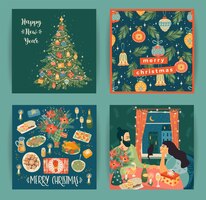 Set of christmas and happy new year illustrations in trendy cartoon style