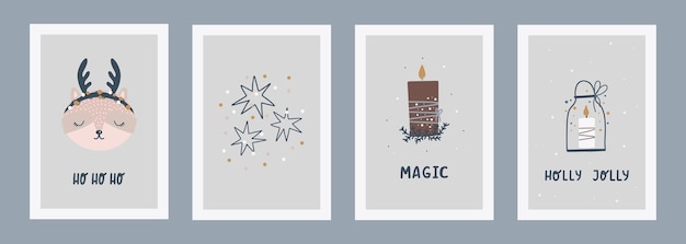 クリスマスと新年あけましておめでとうございますのイラストのセットです。ポスターやグリーティングカードのトレンディな手描きのベクトルイラスト。ベクトルデザインテンプレート
