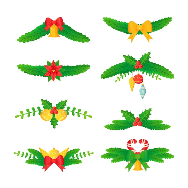 Vettore set di intestazioni natalizie o divisori ramo di pino, agrifoglio, abete, campana, palline di fiori in stile cartone animato
