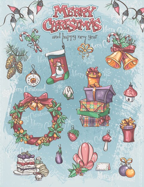 Vector set of christmas holiday items, as well as background