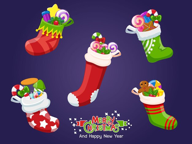 Set of Christmas icons Socks. Celebration event for Merry Christmas and New Year. Vector clipart illustration on color background