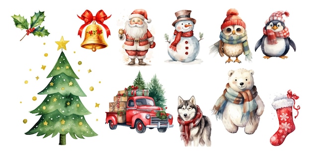 Набор рождественских иллюстраций на белом фоне