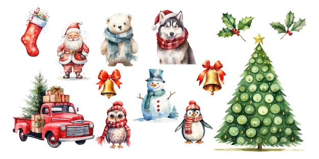 Set of Christmas illustrations on white background