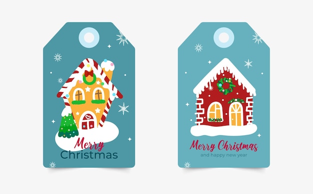 Set of christmas labels with cute hand drawn houses