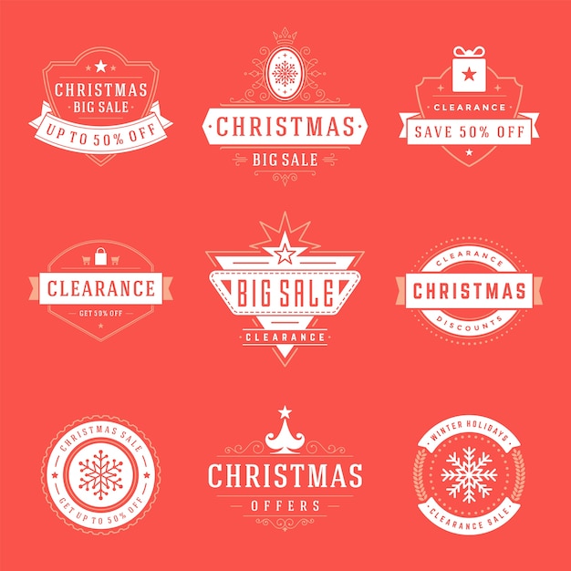 Set of christmas logos, emblem, badge. Vintage ornaments decoration.