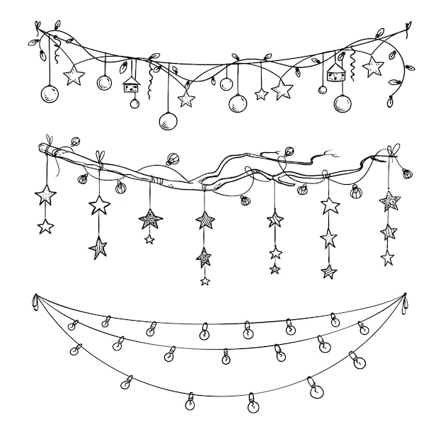 Vector set of christmas and new year decorations. garlands and lights vector sketch.