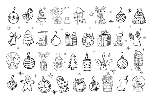 Set of Christmas and New Year elements in doodle style Winter Hand drawn Isolated on white