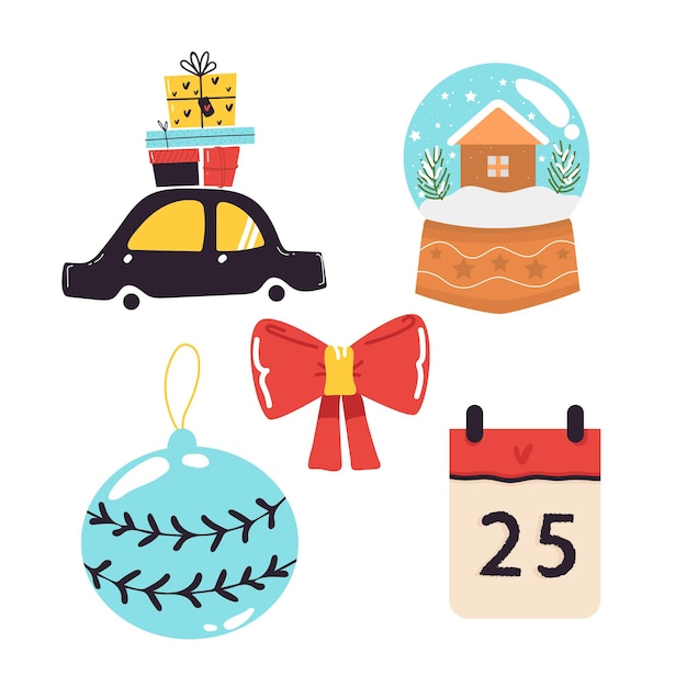 Set of Christmas and New Year elements withcar with gifts, balls calendar, glass ball, bow. Vector