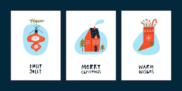 レタリングと手描きの要素を持つクリスマスと新年のグリーティングカードのセットです。