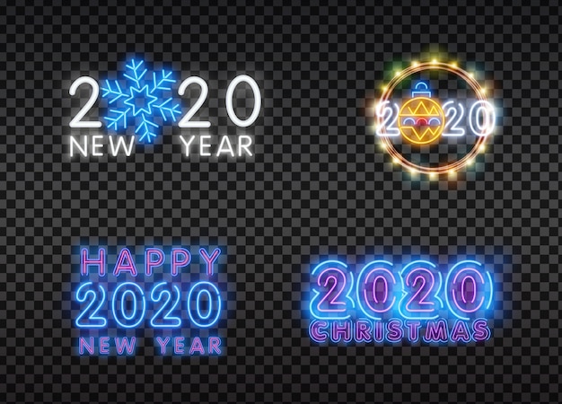 Set of christmas and new year icons in a flat style with neon effect.