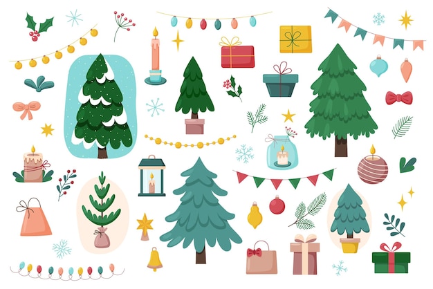Набор рождественских объектов на белом фоне - концепция Рождества