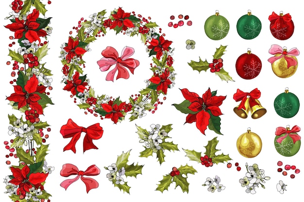 Set di ornamenti natalizi, campane, fiocchi, stelle di natale, bacche di agrifoglio, fiori.