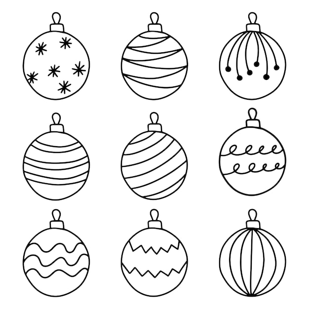 set of christmas ornaments with black outline on white background