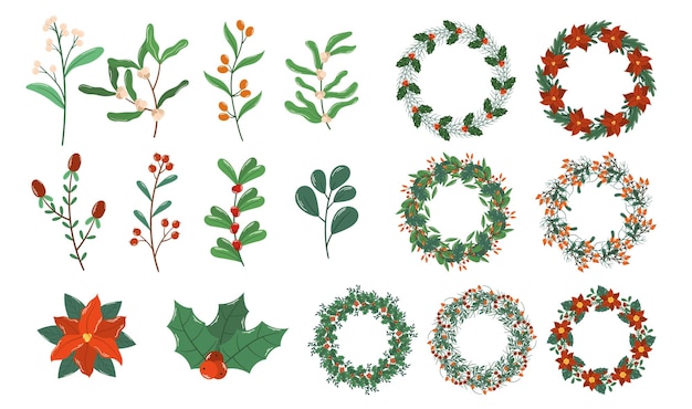 크리스마스 식물 트리 화환 및 화환 요소 세트 겨울 전나무 또는 소나무 가지 및 붉은 활 장식