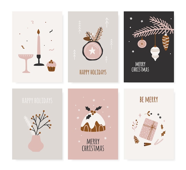 Set of christmas posters. hand drawn greeting cards for winter holiday season in scandinavian style. cute illustration and christmas typography. vector banners collection.