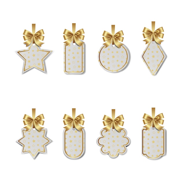 Set of christmas price tags with gold bows and ribbons winter gift tags with stars texture