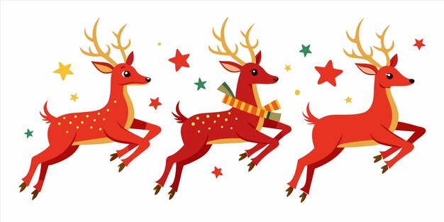 Vector a set of christmas reindeers with a red bow on their neck