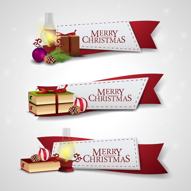 Set of Christmas ribbons with cartoon Christmas icons