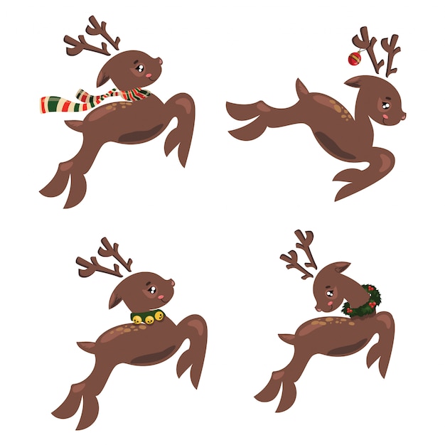 Set of christmas running deer. collection of cartoon deer santa. stylized animals.