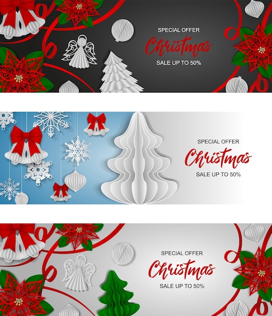 set of christmas sale banners with paper elements