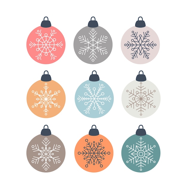 Set di sfere di vetro di decorazioni scandinave di natale con fiocchi di neve in stile piano