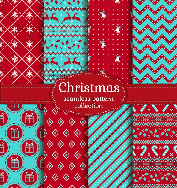 Set of Christmas seamless backgrounds with traditional symbols and abstract patterns