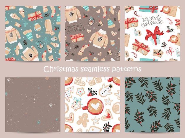 Set of christmas seamless pattern with cozy items.