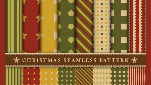 Set of Christmas seamless patterns decorated with Geometric shapes in Retro style.