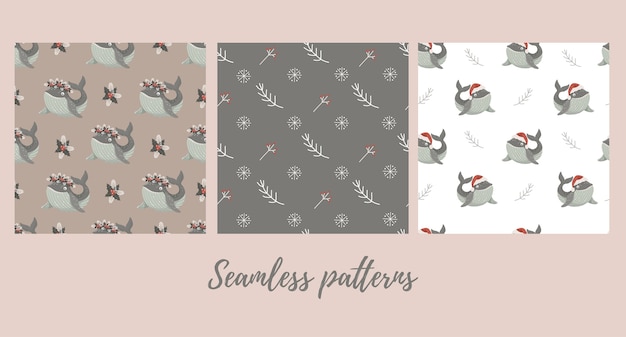 Vector set of  christmas seamless patterns with baby whale