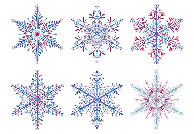 Set of Christmas snowflakes colored on white background