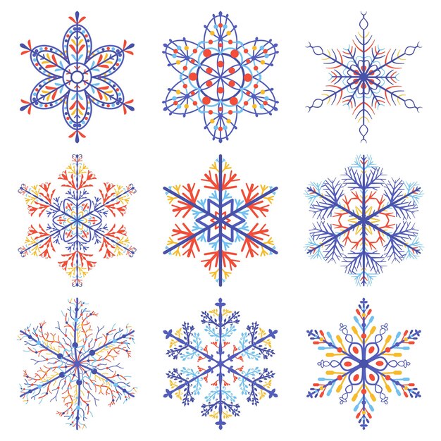 Set of Christmas snowflakes, colored on white background