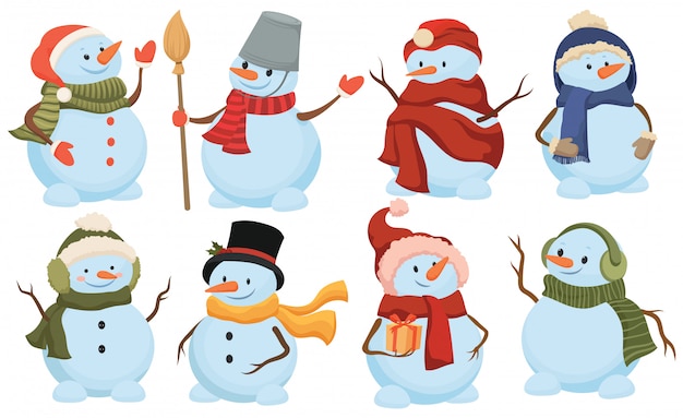 Set of Christmas snowman. Collection of cute snowmans in hats and scarfs.