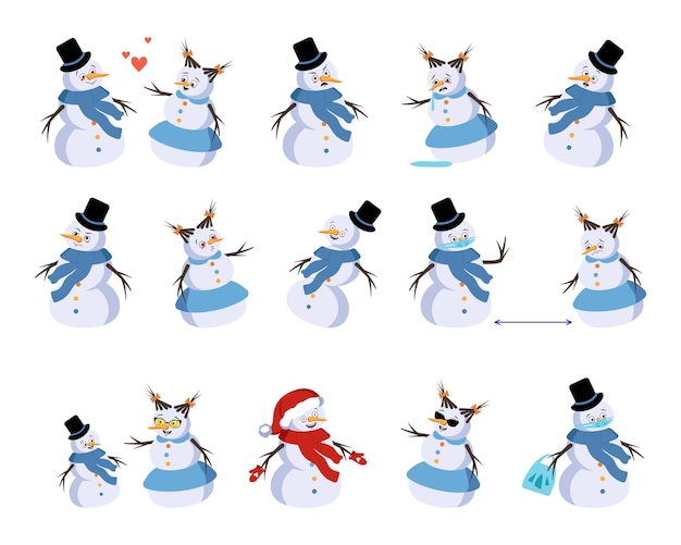 Set of christmas snowman with joyful emotions smile happy eyes face and arms new year festive decora...